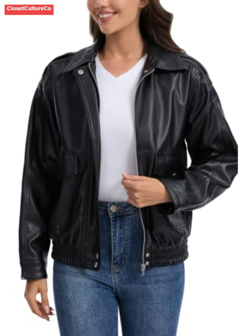 Faux Leather Moto Biker Jacket Women Oversized Zip Snap Outerwear